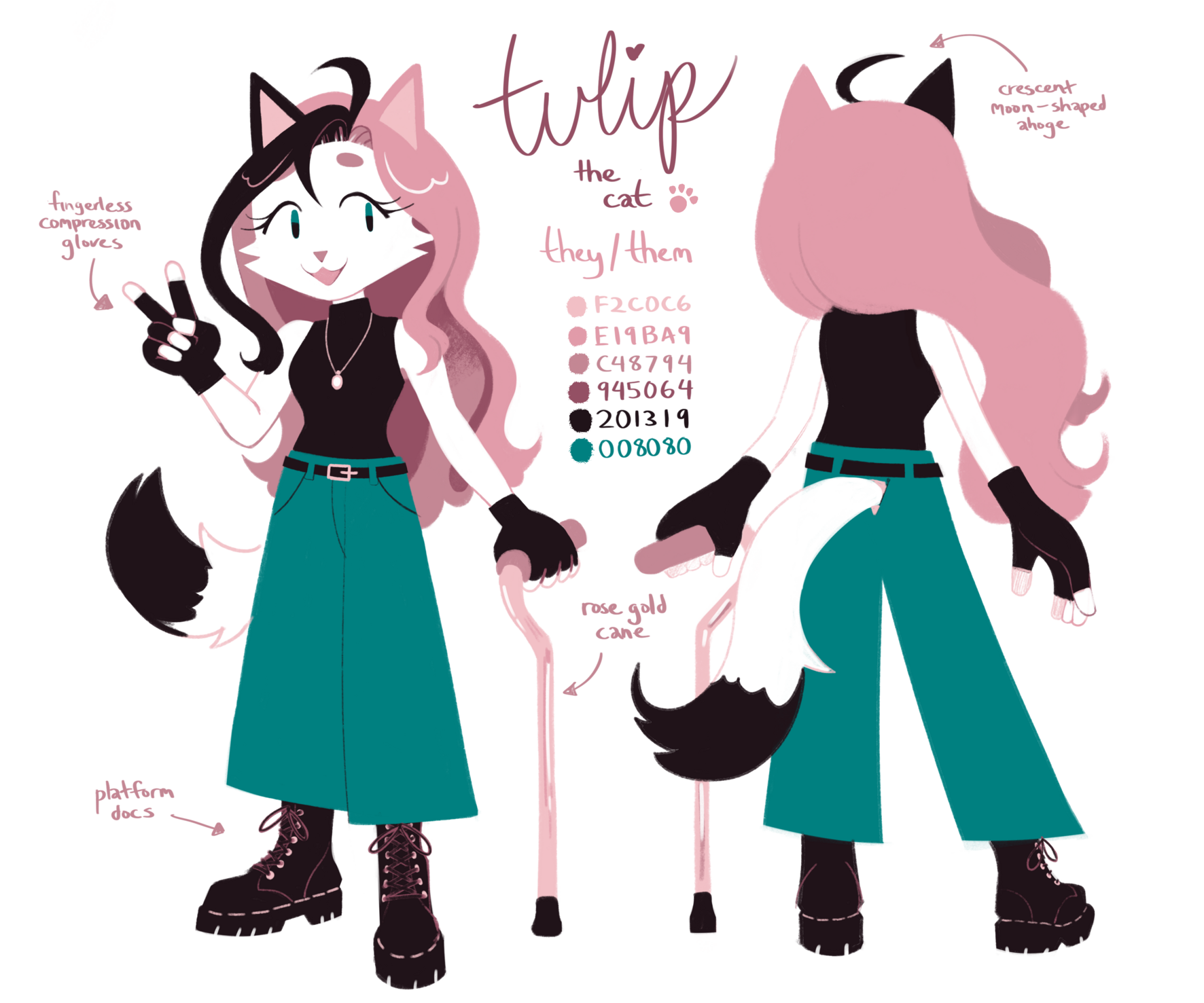 reference sheet for an anthropomorphic cat. their name is Tulip, and they have pink and black long hair. they're wearing a black high-necked tank top, black fingerless gloves, long teal pants, and a pair of black platform lace-up boots. they're holding a cane as well.
